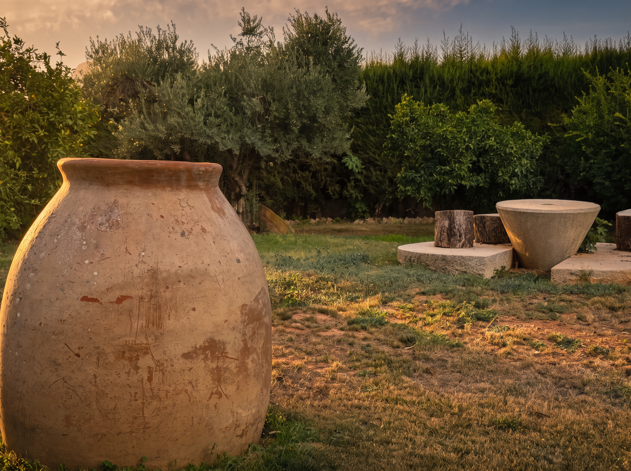 An old terracotta jar beside retired millstones in the farmhouse
