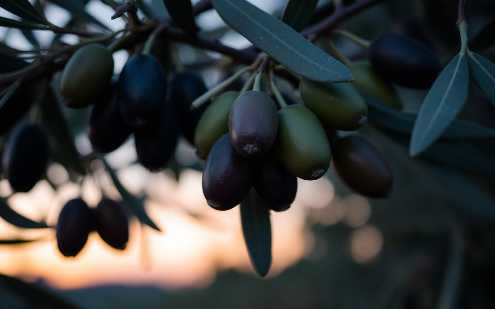 Olives turning from green to purple at dusk
