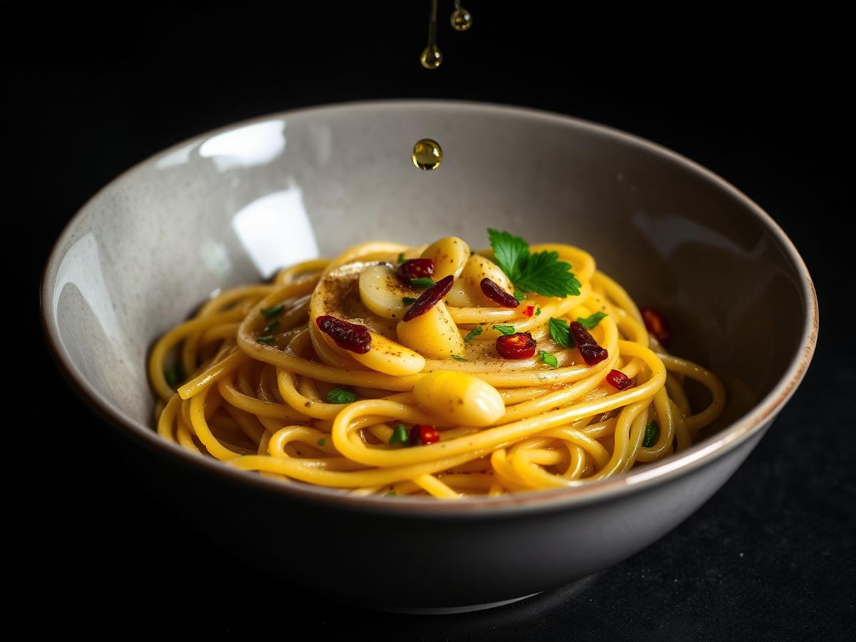 Bowl of spaghetti aglio e olio with garlic, chilli and parsley