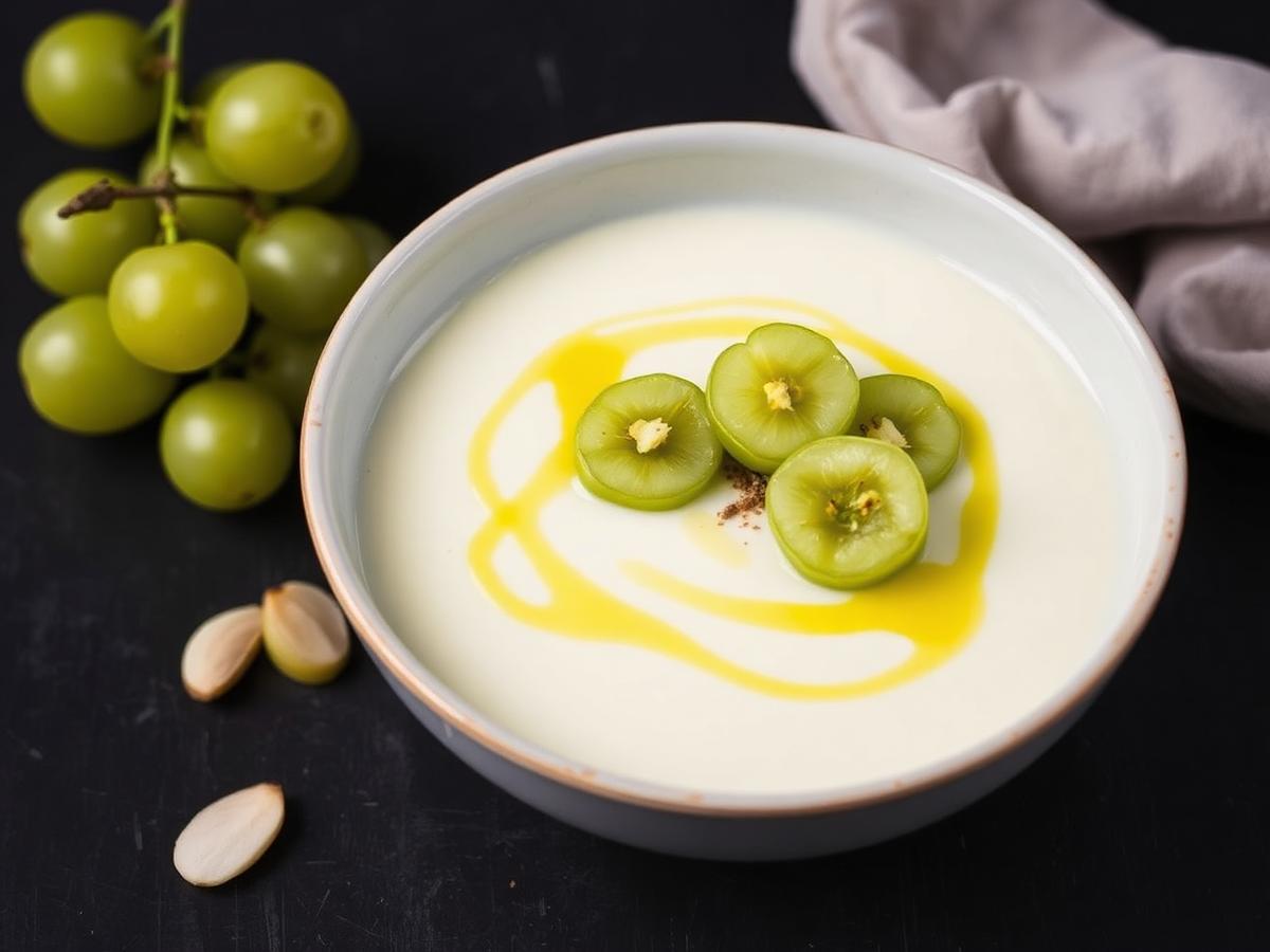 Bowl of white ajoblanco topped with halved green grapes and olive oil