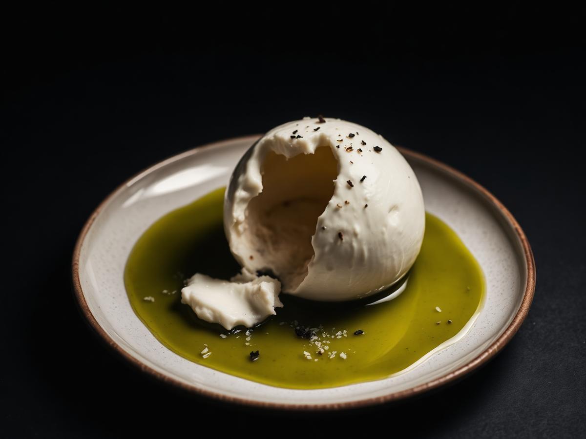 Torn burrata on a plate surrounded by green olive oil and flaked salt