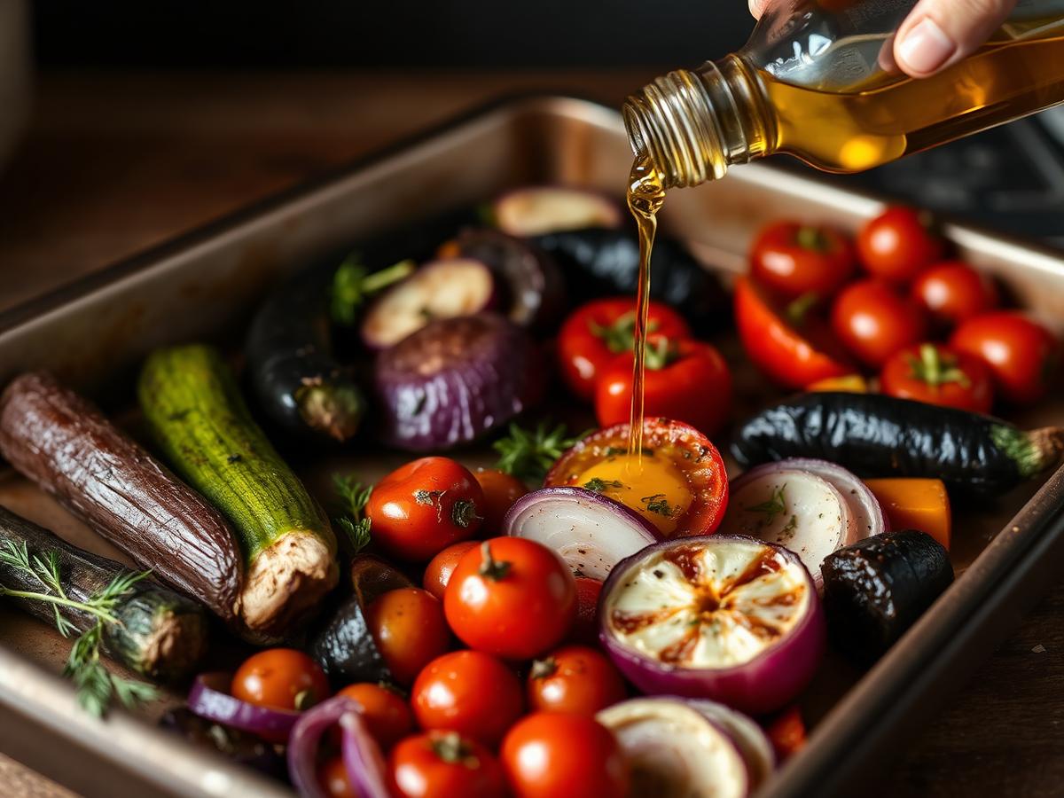 Tray of roasted Mediterranean vegetables with olive oil being poured over