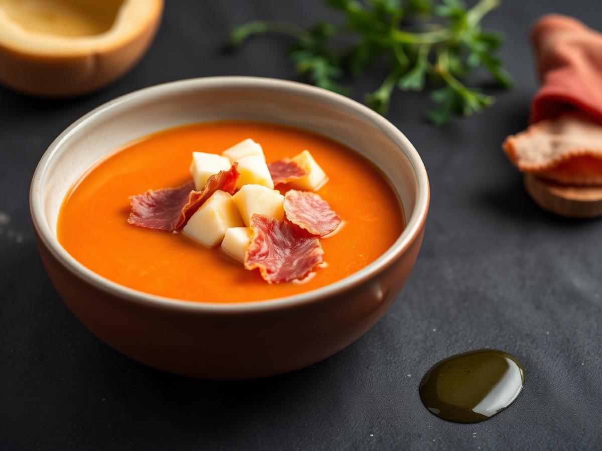 Bowl of salmorejo topped with diced egg and jamón