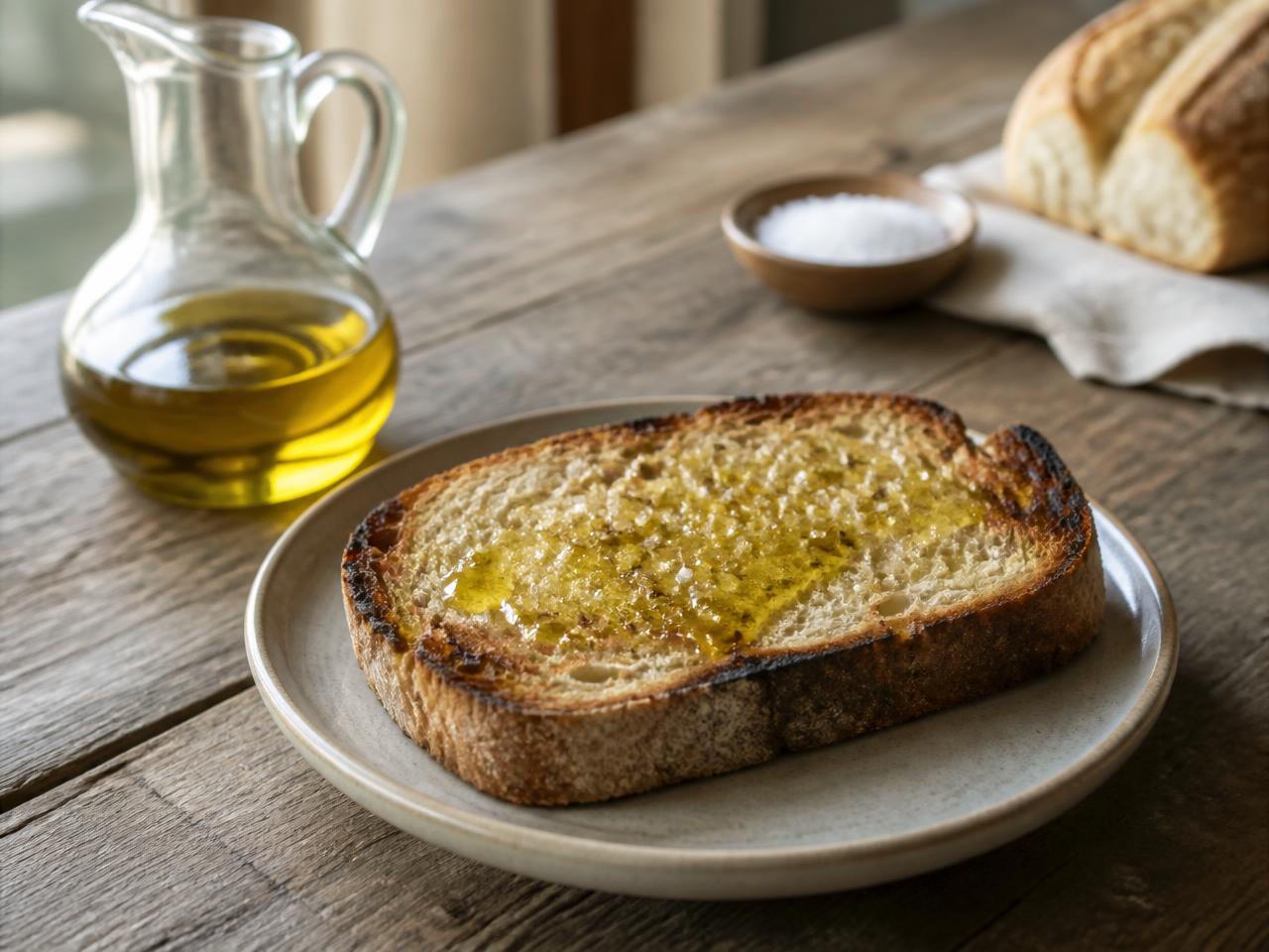 Golden toasted bread generously soaked with green-gold olive oil and flaky salt