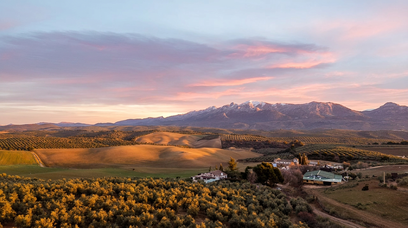 The estate at dawn, warm light over the olive groves and the snow-capped sierra